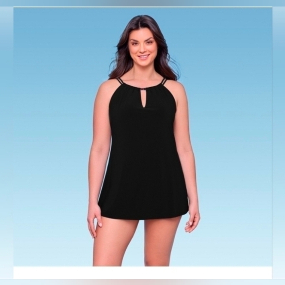 Aqua Green Women's High Neck Keyhole Swim Dress - Black Size S